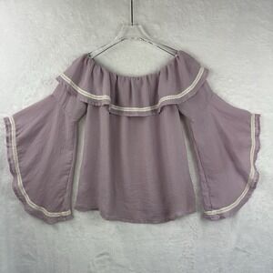 Womens Top‎ Blouse Med Lavender Purple Scoop Neck Peasant Lace Flowy Long Sleeve